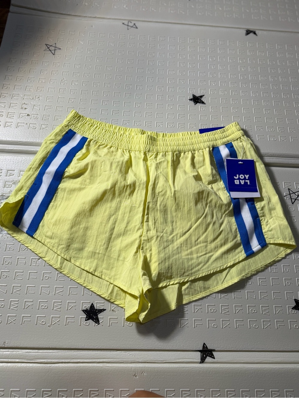 JoyLab Lemon Yellow Athletic Shorts with Blue Side Stripes